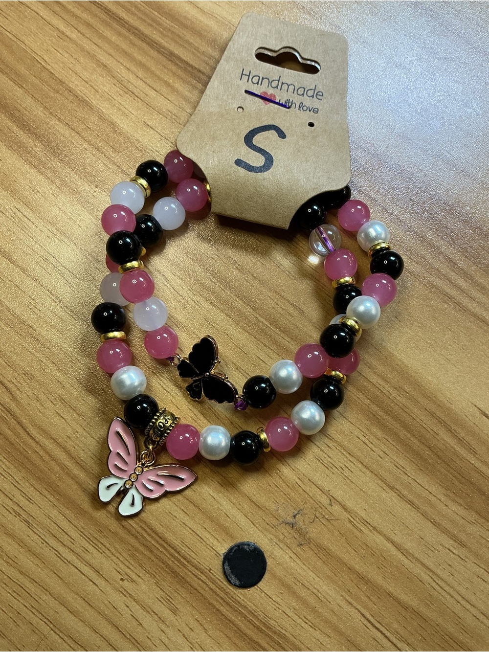 Handmade Pink & Black Beaded Butterfly Bracelet Set
